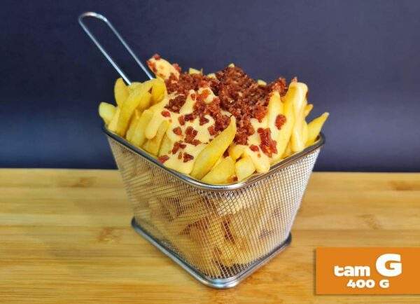 Batata Palito Grande Coberta de Cheddar e Bacon