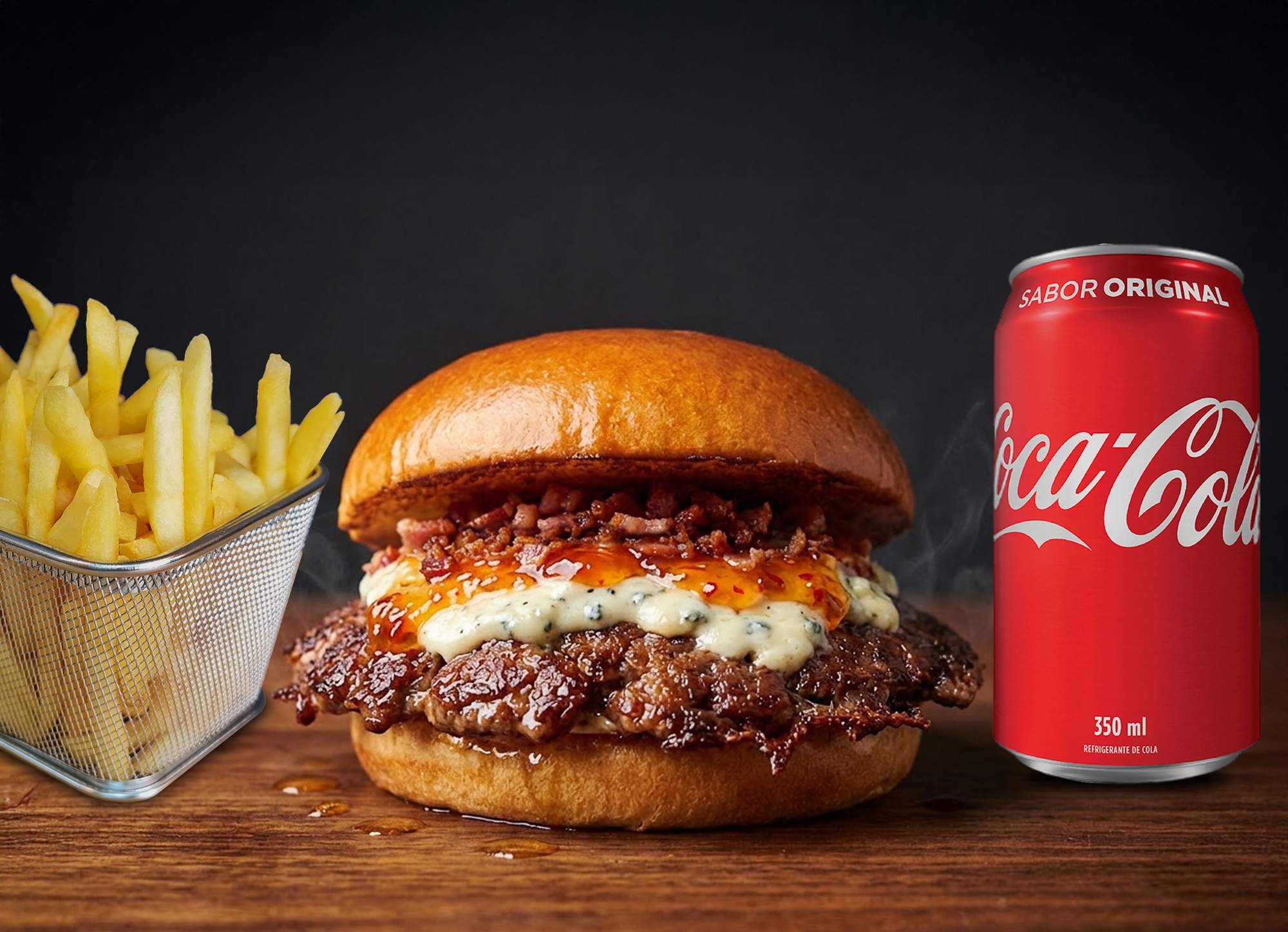 Combo Smash Burger Gorgonzola e Geleia + Acomp + Bebida