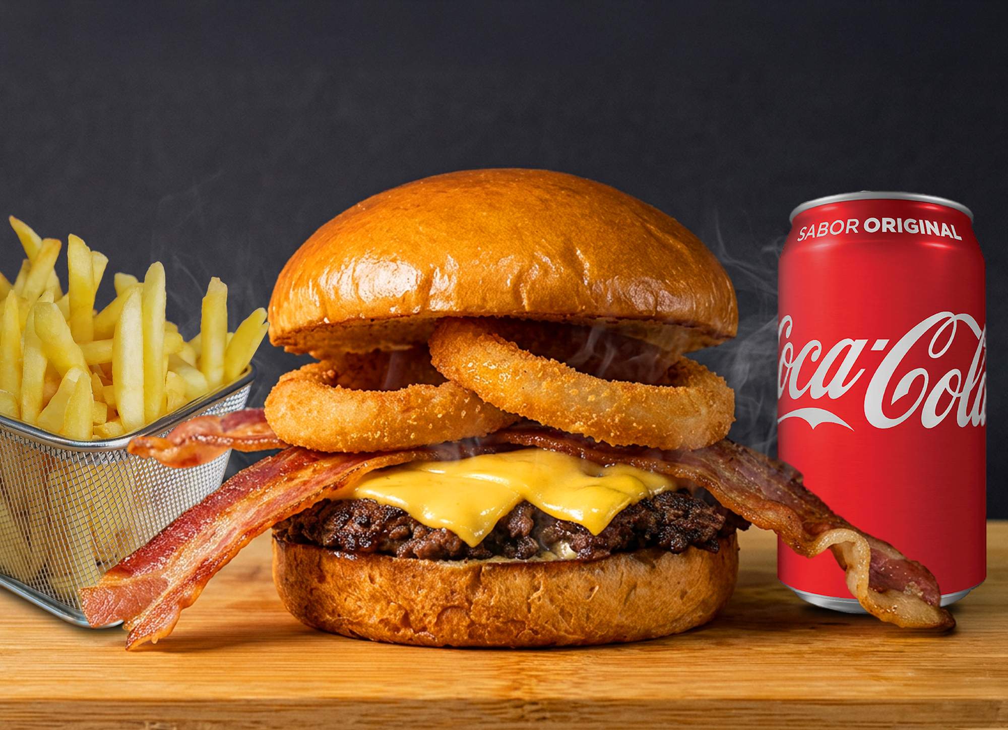 Combo Smash Burger Onion Bacon + Acomp + Bebida