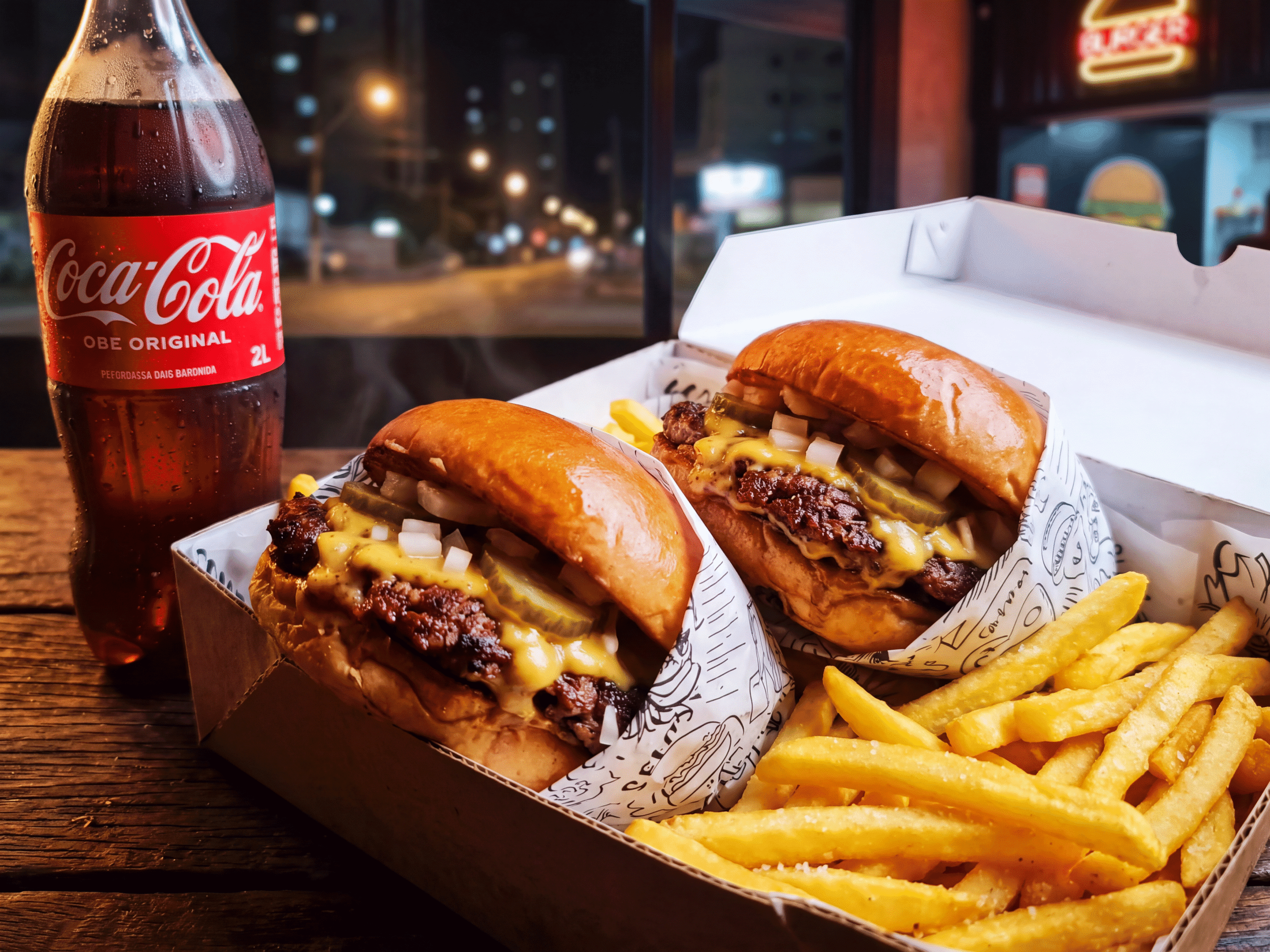 BOX DOUBLE POP 2 Smashes Burgers Clássicos + Fritas + Refri 2 Litros