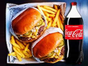 BOX DOUBLE POP 2 Smashes Burgers Clássicos + Fritas + Refri 2 Litros